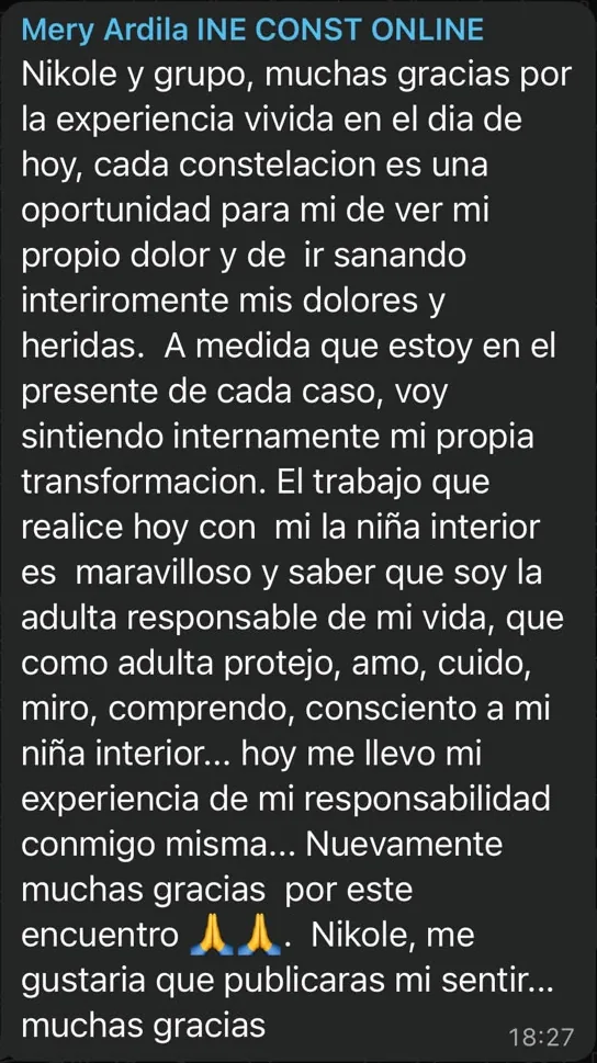 Mensaje de WhatsApp de Mery Ardila: Nikole y grupo, muchas gracias por la experiencia vivida en el día de hoy. Cada constelación es una oportunidad para mí de ver mi propio dolor y de ir sanando interiormente mis dolores y heridas. El trabajo que realicé hoy con mi niña interior es maravilloso.